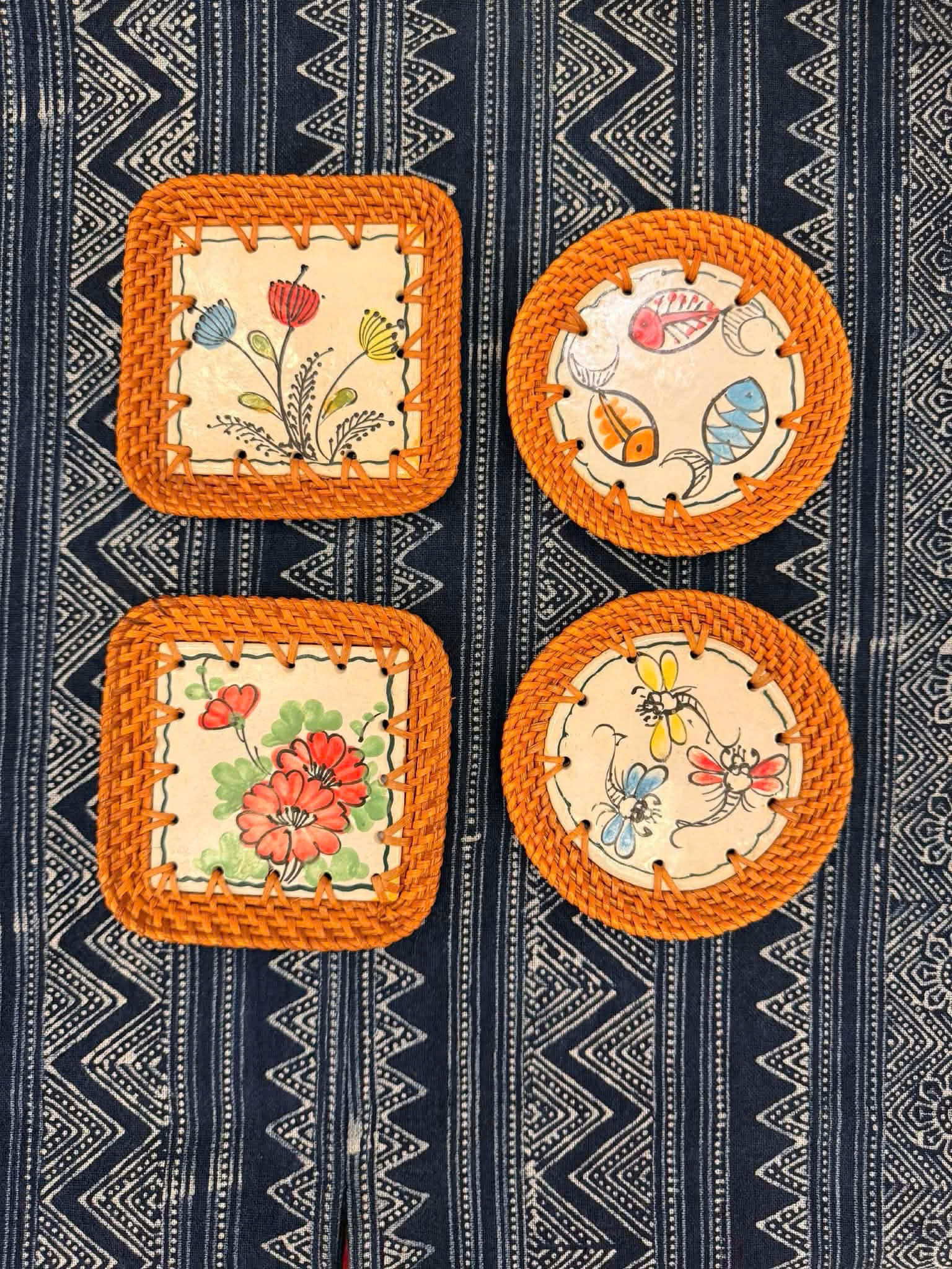 Handmade Rattan Coaster with Hand-Painted Ceramic Inlay